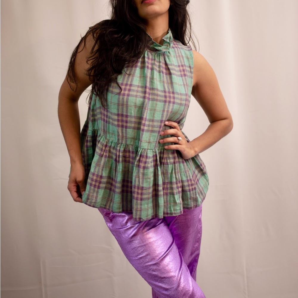 Daisy High-Neck Peplum Top - Plaid Linen brand new!